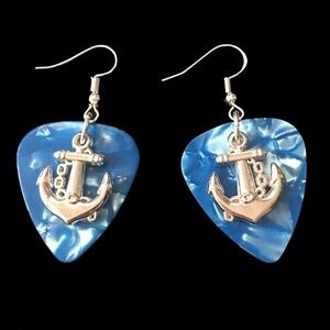 HAND Crafted Drop Earrings Repurposed Guitar Picks Anchors Sail Away